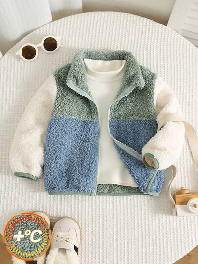 Babyboy Autumn/Winter Cute Versatile Fuzzy Colorblock Stand Collar Jacket, Infant Jacket, Fleece Jacket, Blue Jacket