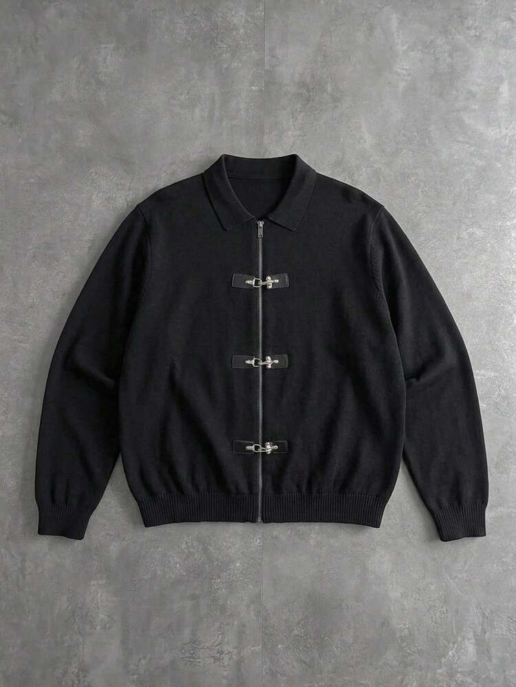Manfinity EMRG Men's Solid Color Casual Versatile Daily Wear Cardigan,Bomber - Black - View 1
