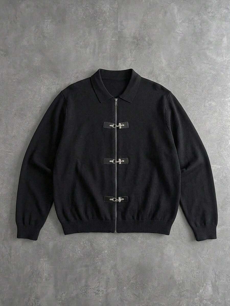 Manfinity EMRG Men's Solid Color Casual Versatile Daily Wear Cardigan,Bomber - Black - View 1