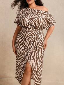 Juhart Plus Size Women's Summer Zebra Print Abstract Geometric Print One Shoulder Ruched Waist Bodycon Asymmetrical Slit Midi Dress, Fashionable Elegant Minimalist Casual - Brown - View 7