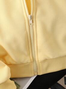 Young Girl Patchwork Plaid Hooded Zip-Up Sweatshirt Autumn Fall - Yellow - View 5