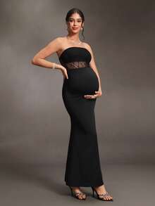 Cheriluna Maternity 優雅性感孕婦派對拍照穿搭 無肩帶修身黑色蕾絲雙層設計魚尾下擺長洋裝 生日 戶外婚禮 萬聖節 冬季 - 黑色 - 查看 3
