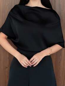 Yasmeen Edit Yasmeen Edit 黑色秋季優雅餐飲緞面連身褲，婚禮賓客波西米亞風派對宴會穿搭，夏季 - 黑色 - 查看 6