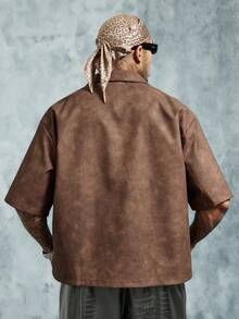 INCRYTM Men's Dark Brown Streetwear Textured PU Zip-Up Boxy Cropped Shirt,Relaxed Oversized Fit,Chest Pocket,Autumn,City Break Retro Casual Outfits - Brown - View 2