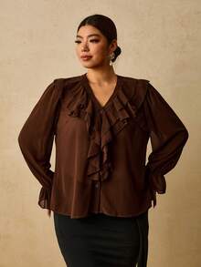 Travachic Plus Size Women's Chiffon Printed Long Sleeve Shirt, Leopard Print Ruffle Blouse - Brown - View 3