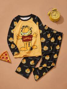 GARFIELD | SHEIN 男童卡通印花撞色黄色休闲长袖T恤和全印花长裤两件套家居服 - 黃色 - 查看 1