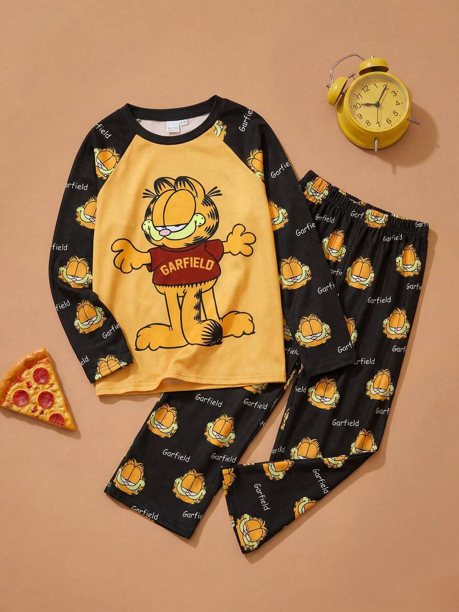 GARFIELD | SHEIN 男童卡通印花撞色黄色休闲长袖T恤和全印花长裤两件套家居服 - 黃色 - 查看 1
