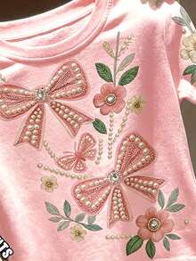 Young Girl Young Girl Young Girl 粉色蝴蝶結壓花 T-shirt，波希米亞野花植物印花復古植物風 T-shirt，馬卡龍色 - 彩色 - 查看 4