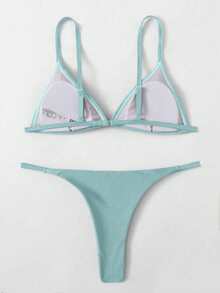 SHEIN Swim 女士夏季沙滩纯色吊带比基尼和三角泳裤泳装套装 - 淺藍色 - 查看 2