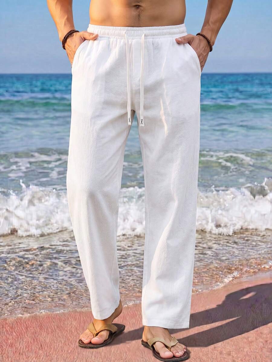 VENTUSAIL Men's Drawstring Waist Solid Color Casual Versatile Daily Travel Long Pants - White - View 1