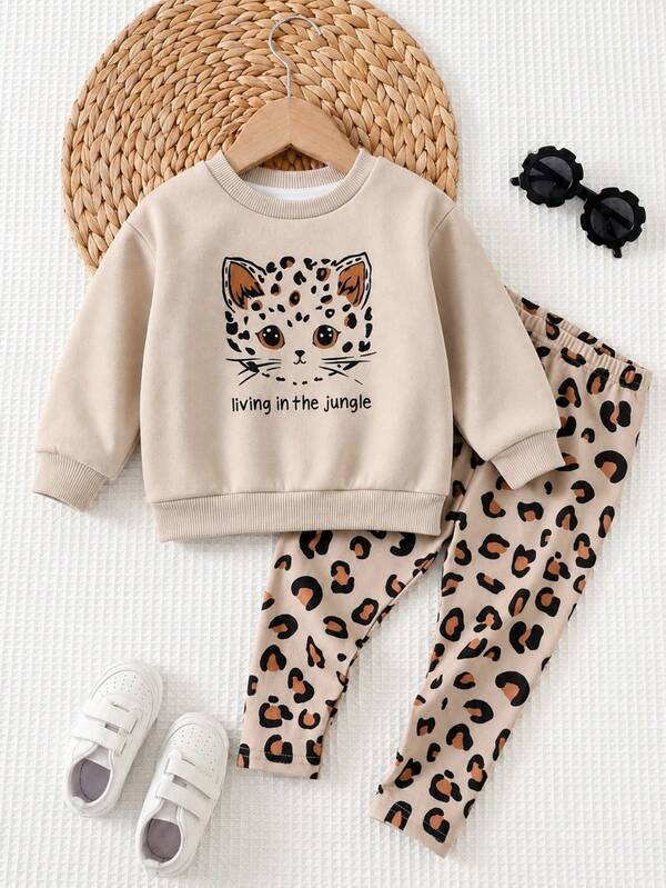 Baby Girl Casual Minimalist Loose Round Neck Sweatshirt And Elastic Waist Long Pants Set, Suitable For Autumn/Winter