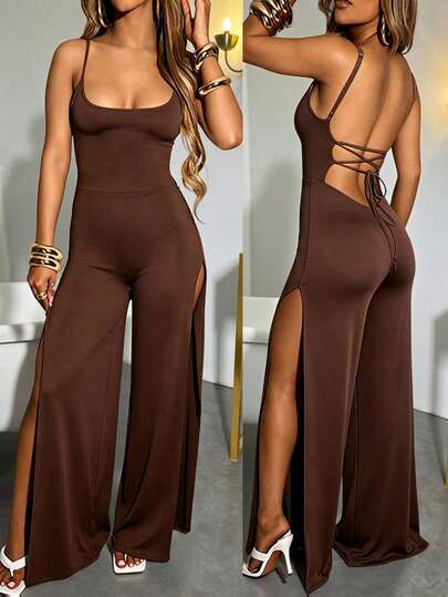 INAWLY Solva Mono de tirantes sexy con abertura lateral de color liso para mujer