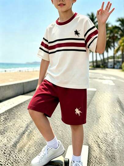 SHEIN Tween Boy Vintage Effect Striped Print Pattern Red & Apricot Casual Comfortable Versatile Fashion Round Neck T-Shirt,School Clothes