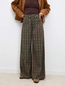 Nöista Wide-Leg Pants In A Fishes Stripes Printed Fabric With A Mid-Rise Waistb Button Closure Front - Army Green - View 1