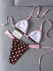 Swim Mod Spring/Summer Full Print Color Block Polka Dot Halter Tie Two Pieces Swimsuit Set - Multicolor - View 2