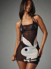Missguided x Playboy Bunny Logo Sheer Mesh Mini Dress With Square Neck Spaghetti Straps Bodycon Fit Party Night Out - Black and White - View 1