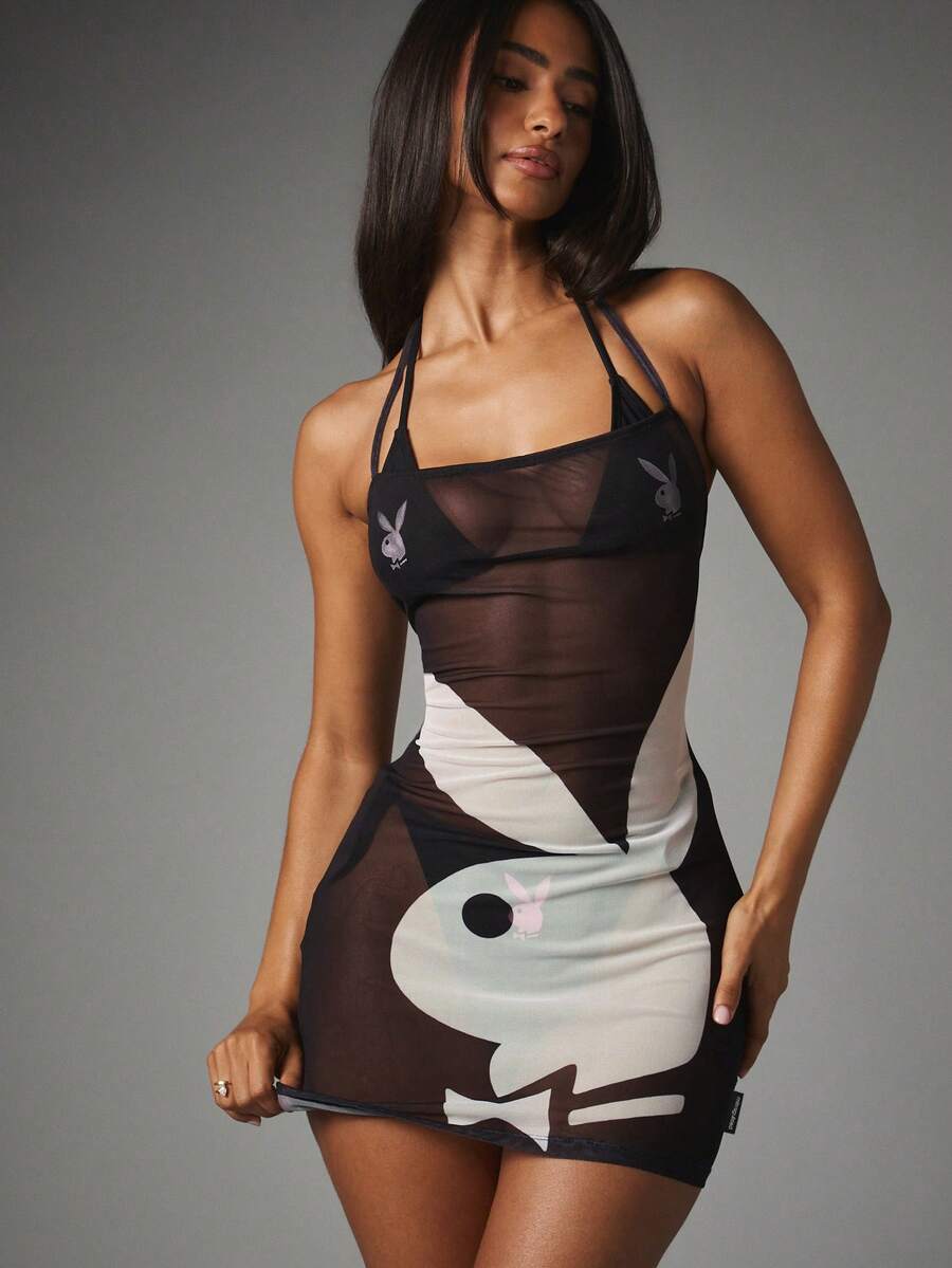 Missguided x Playboy Bunny Logo Sheer Mesh Mini Dress With Square Neck Spaghetti Straps Bodycon Fit Party Night Out - Black and White - View 1