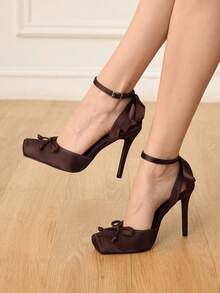 CUCCOO HITCHD Women's Fashion New Elegant Coffee Color Satin Closed Toe High Heel Shoes, Suitable For Dating, Commuting, Party, Wedding - Coffee Brown - View 2