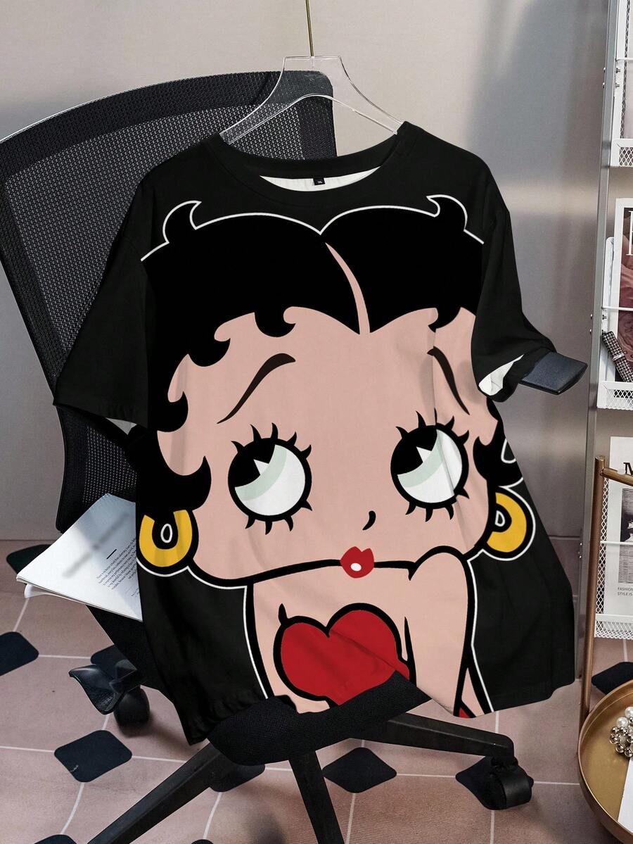 Betty Boop x SHEIN 大尺碼夏季休閒卡通印花T恤 - 白色 - 查看 1