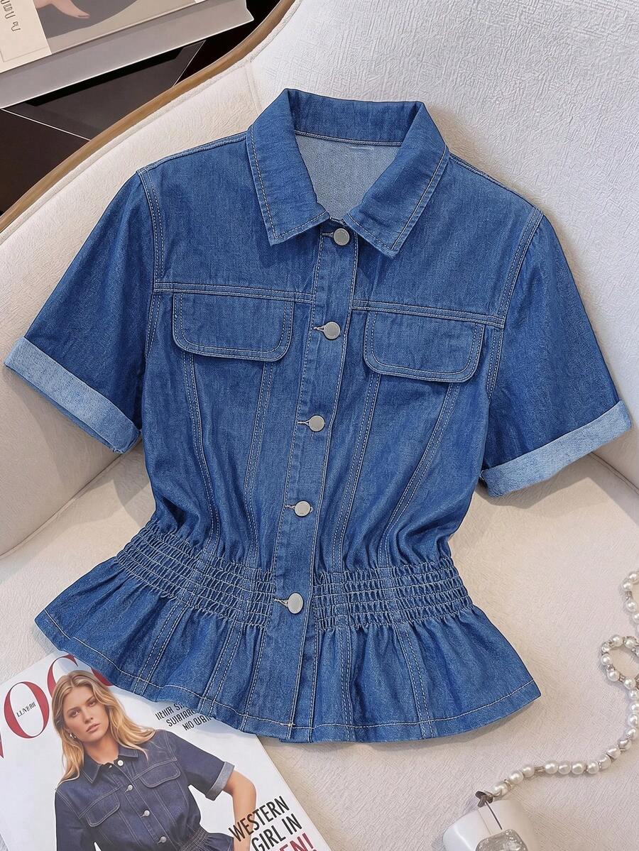SHEIN MOD 大尺碼女款單排扣休閒百搭日常牛仔上衣 - 中等水洗藍 - 查看 1