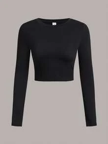 SHEIN Girlism Tween Girl Casual Basic Crew Neck Long Sleeve Cropped T-Shirt Chic Autumn/Winter - Blue - View 3