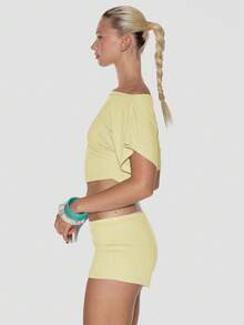 MUSERA Boatneck Batwing Sleeve Fitted Waist Extreme Cropped Top - Light Yellow - View 4