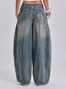 ACID BLVD Colossus Jeans 休閒街頭風復古水洗褪色字母紋理寬鬆牛仔長褲，適合夏季、秋季、冬季 - 深色水洗藍 - 查看 5