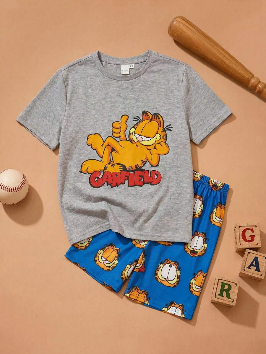 GARFIELD | SHEIN Tween男孩卡通短袖T恤和短褲睡衣套裝,夏季 - 灰色 - 查看 1