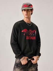 Strevion BATMAN 男士休闲红色蝙蝠侠标志印花圆领长袖T恤，适合春秋季日常穿着 - 黑色 - 查看 5
