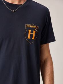 Strevion Harry Potter 男士简约哈利波特学院徽章印花圆领短袖T恤，夏季款 - 藏蓝色 - 查看 7
