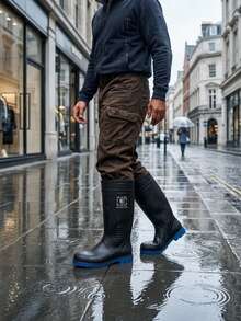 Botas resistentes para lluvia de moda para hombre impermeables con diseño de la caña alta amplía la protección, resguardando pies y pantorrillas de salpicaduras. - Negro - Ver 3