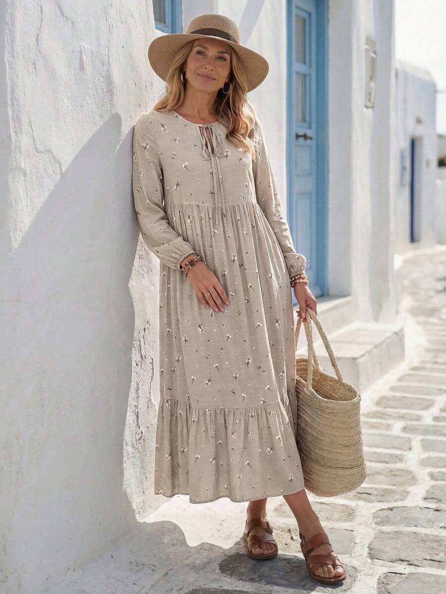 EMERY ROSE Women's Vacation Casual Cottage Core Boho Cottagecore Ditsy Floral Dress Vacation Beige Autumn Vacation Picnic Vacation - Khaki - View 1