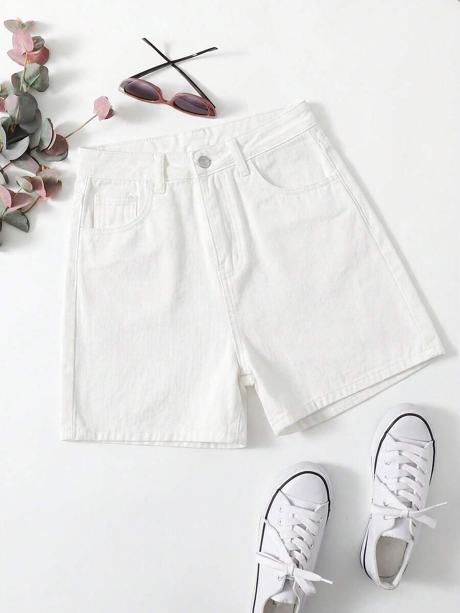 SHEIN EZwear 女款休閒百搭牛仔短褲,附口袋與鈕扣,適合日常出遊 - 白色 - 查看 1