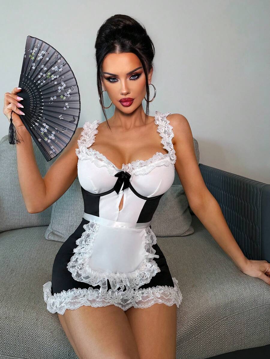 Fantasy Costume Fantasy Costume Black And White Lace Maid Uniform Set, Lace Trim And Bow Decor, Role Play Cosplay Costume 2-Piece Set - Black and White - View 1