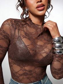 Normani Women's Sexy Sheer Lace Bodysuit, Summer - Brown - View 3