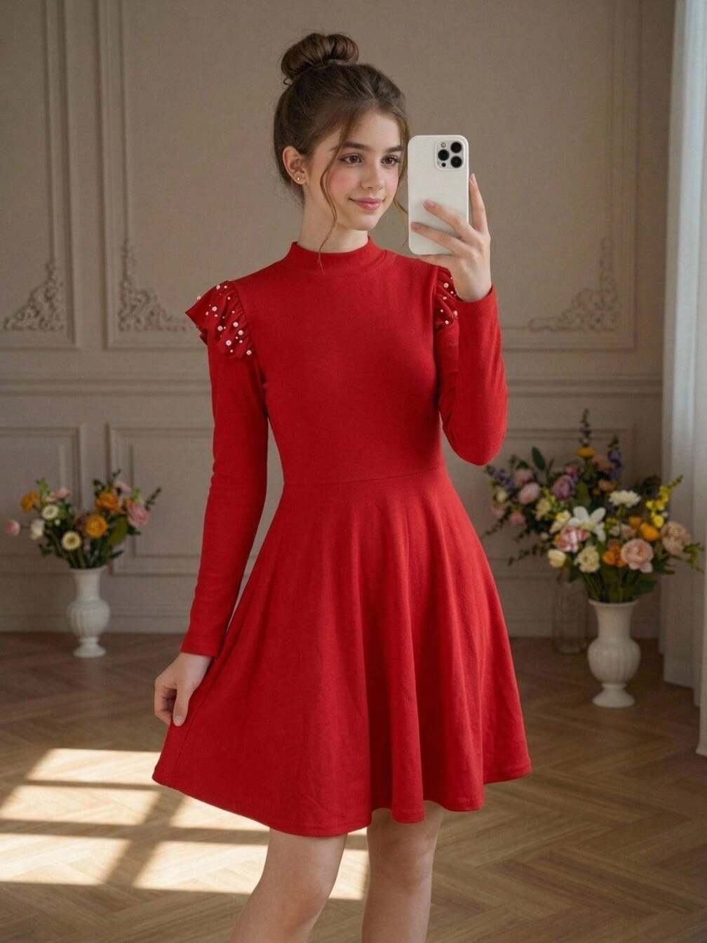 Teen Girl Pearls Beaded Mock Neck Dress Without Belt for Christmas｜EMMACLOTH