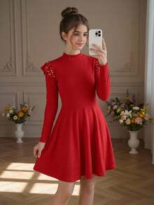 SHEIN Teen Girl Pearls Beaded Mock Neck Dress Without Belt for Christmas - Red - View 1