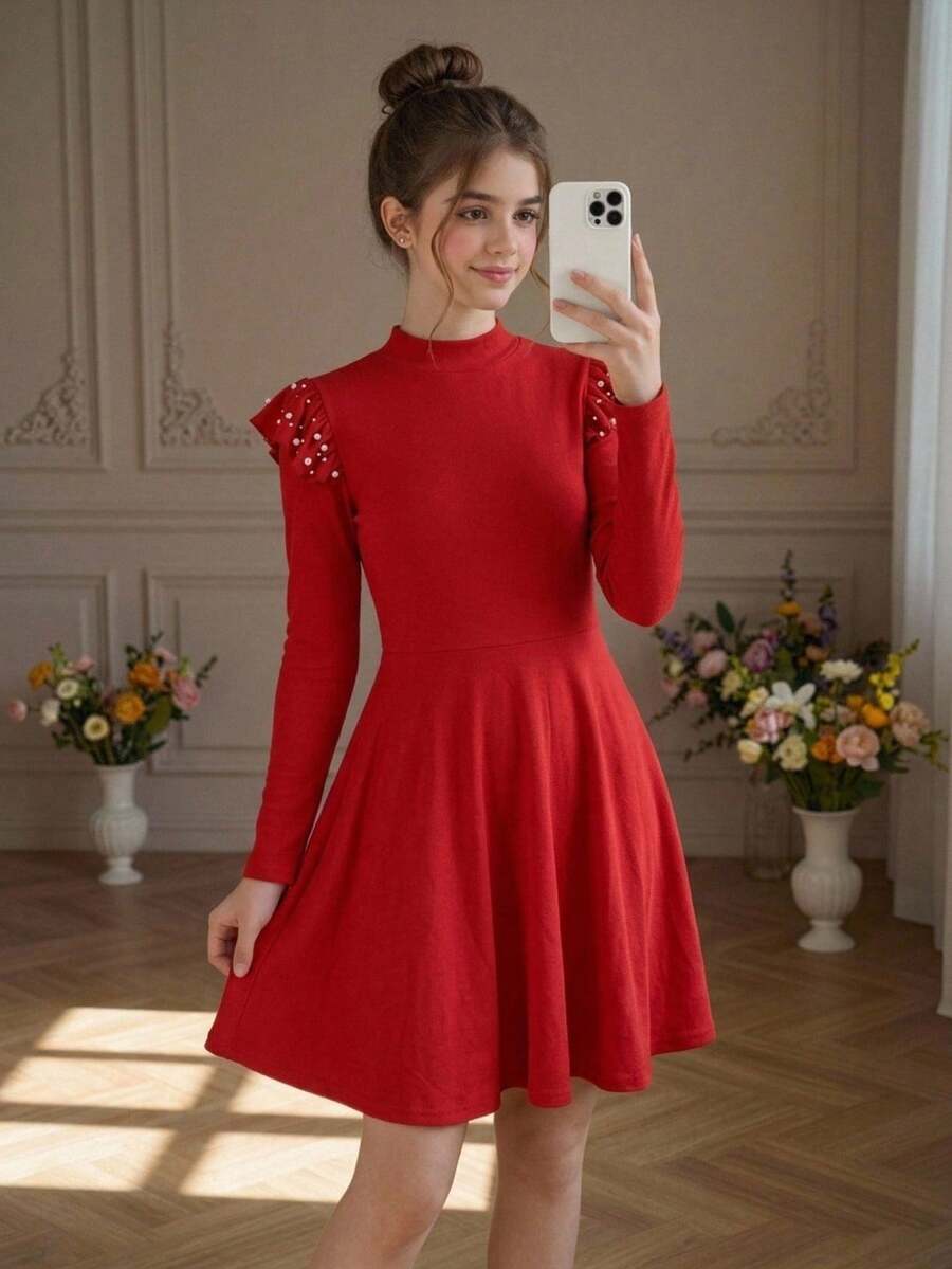 SHEIN Teen Girl Pearls Beaded Mock Neck Dress Without Belt for Christmas - Red - View 1