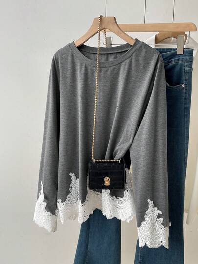 Franclia Camiseta de manga larga con cuello redondo, ribete de encaje, color gris oscuro, estilo casual dulce, talla grande
