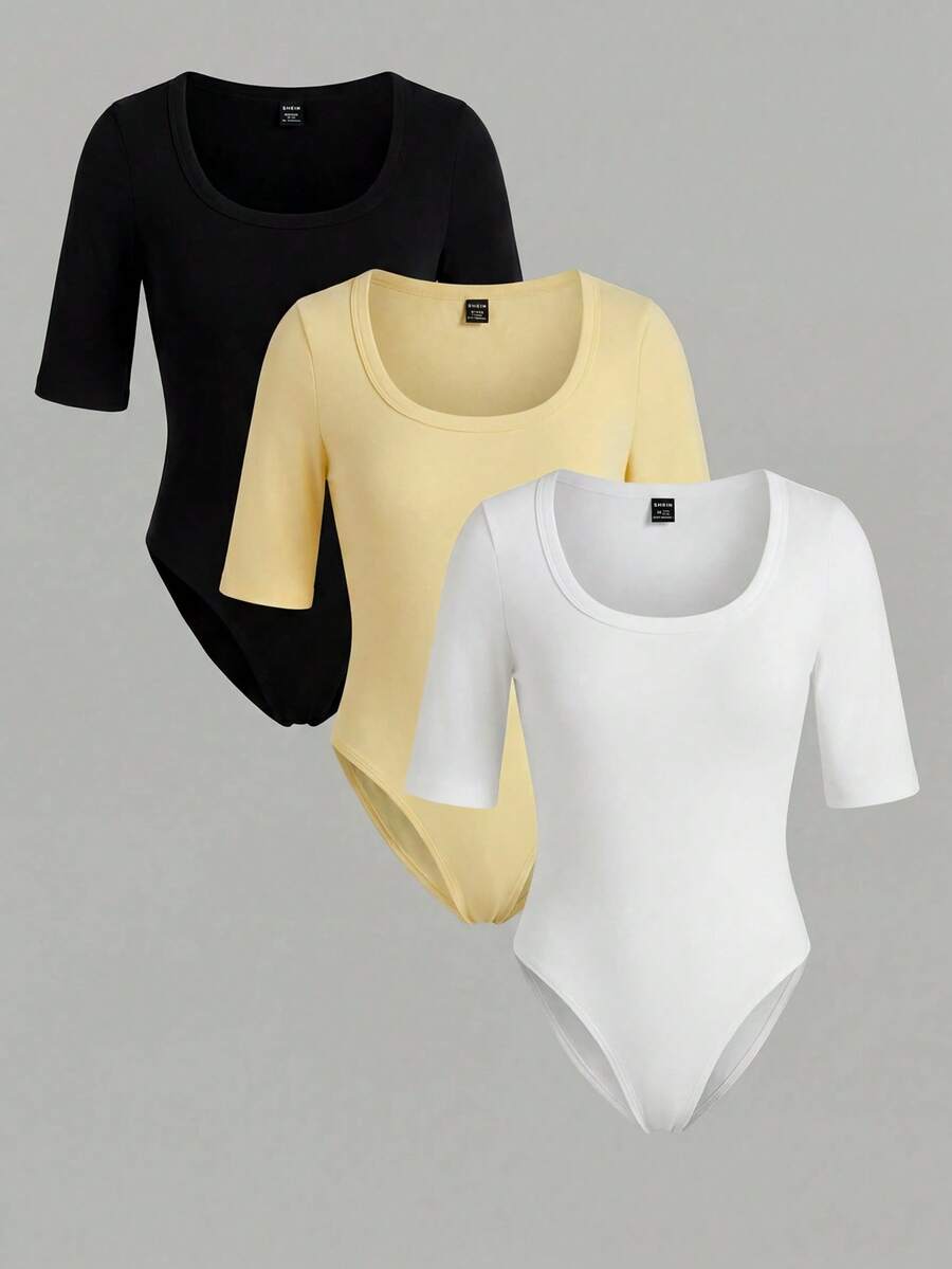 SHEIN BASICS 女款夏季休閒純色短袖連身衣 - 彩色 - 查看 1