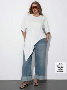 Maija Camiseta de talla grande blanca con cuello redondo, manga corta, diseño de cintura con dobladillo asimétrico, estilo moderno de vacaciones casual de bajo perfil, estilo de dinero antiguo de calidad premium, ropa de crucero, minimalista de lujo de Oriente Medio, textura esencial, atuendo de moda, casual de negocios, ropa de oficina urbana para mujeres, ropa de viaje de alta calidad, versátil para todas las estaciones - Blanco - Ver 3