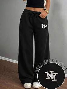 SHEIN Tween Girls Black Casual Sweatpants With Letter Embroidery And Drawstring, Loose Fit - Black - View 2