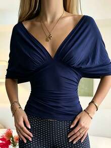 INAWLY Solva Atasan Musim Panas Elegan Warna Polos Lengan Kelelawar dengan Ikat Pinggang - Navy Blue - View 2