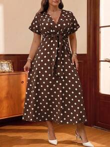 Auvina Plus Size Women's Elegant Daily Wear V-Neck Ruffle Short Sleeve Tie-Waist A-Line Maxi Dress - Coffee Brown - View 5