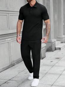 Manfinity CasualCool 男士紋理提花兩件套，紋理提花短袖 Polo 衫 + 紋理提花長褲，休閒日常通勤 - 黑色 - 查看 6