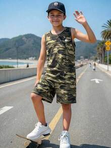 SHEIN 青少年男童棕榈树迷彩印花针织背心 - 綠色 - 查看 6