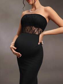 Cheriluna Maternity 優雅性感孕婦派對拍照穿搭 無肩帶修身黑色蕾絲雙層設計魚尾下擺長洋裝 生日 戶外婚禮 萬聖節 冬季 - 黑色 - 查看 4