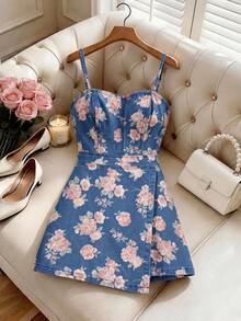 SHEIN MOD Women's Floral Print Camisole Denim Romper - Medium Wash - View 7