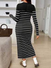 SHEIN 孕婦條紋圓領長袖修身休閒洋裝 秋季 - 黑色 - 查看 2