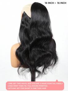 SMART&MATCH Extensión de cola de caballo con cordón ondulada y extensiones de cabello con clips sin costuras onduladas 1 pieza doble trama negro natural extensión de cola de caballo media recogida media suelta para uso diario - Natural Black - Ver 3